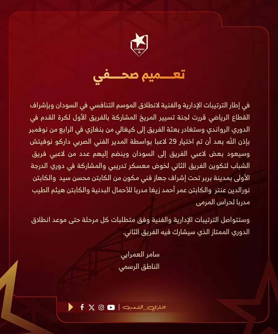 المريخ  يشارك في الدوري الممتاز بالفريق الثاني