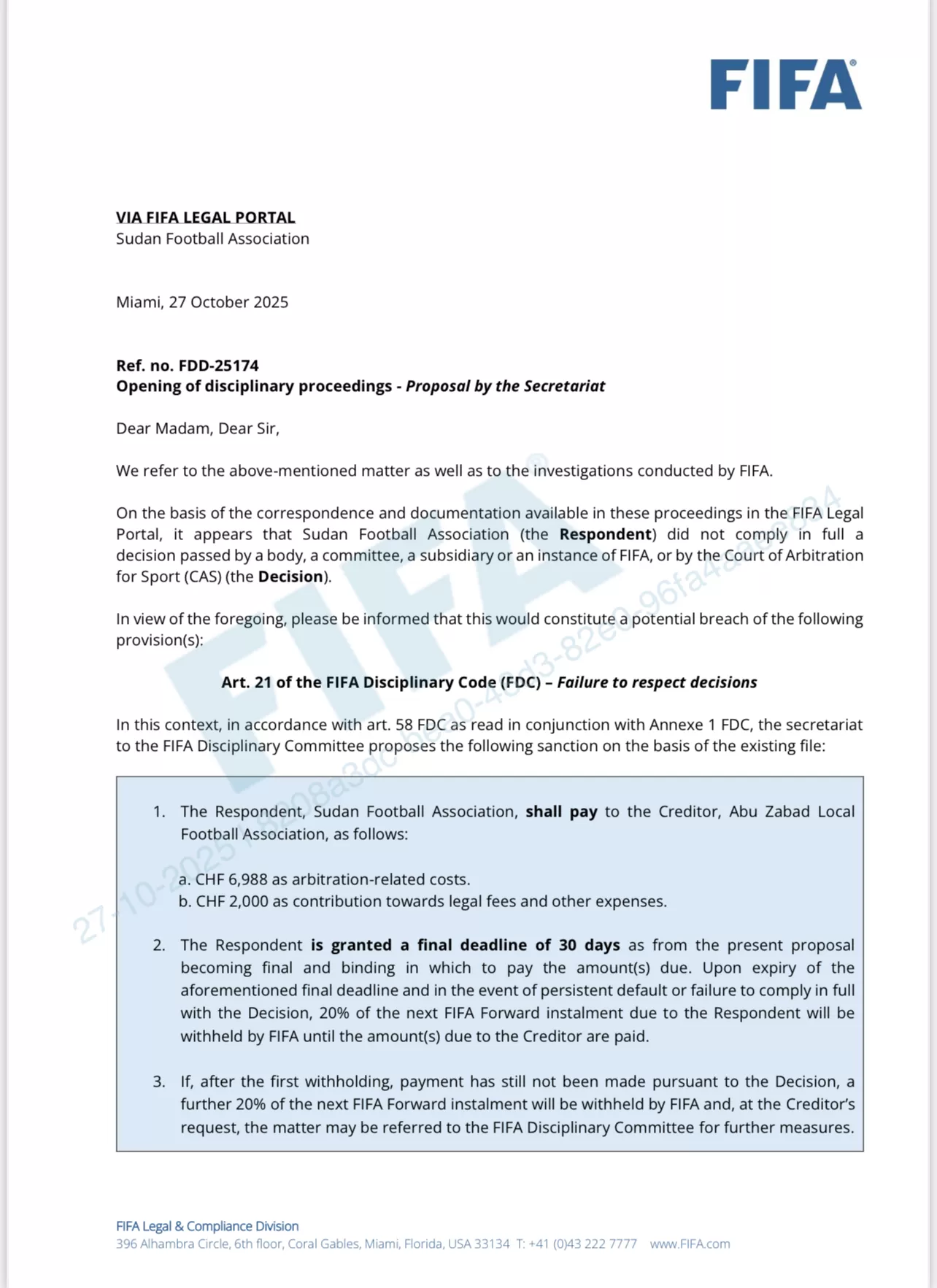 الفيفا تفتح إجراءات تأديبية ضد الاتحاد السوداني لكرة القدم